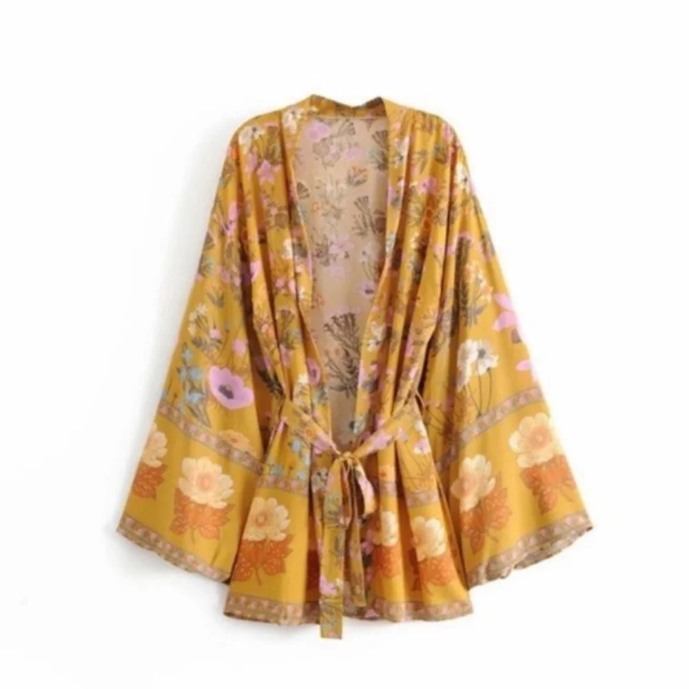 Boho Floral Print Belted Short Kimono Cover up - Picture 7 of 7